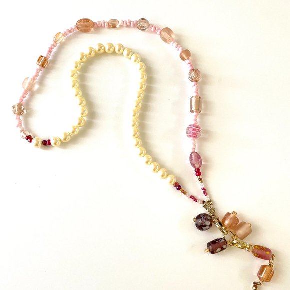"Candy Summer II" Pearls and Pink Glass Necklace Gold Toggle Clamp - Picture 1 of 5